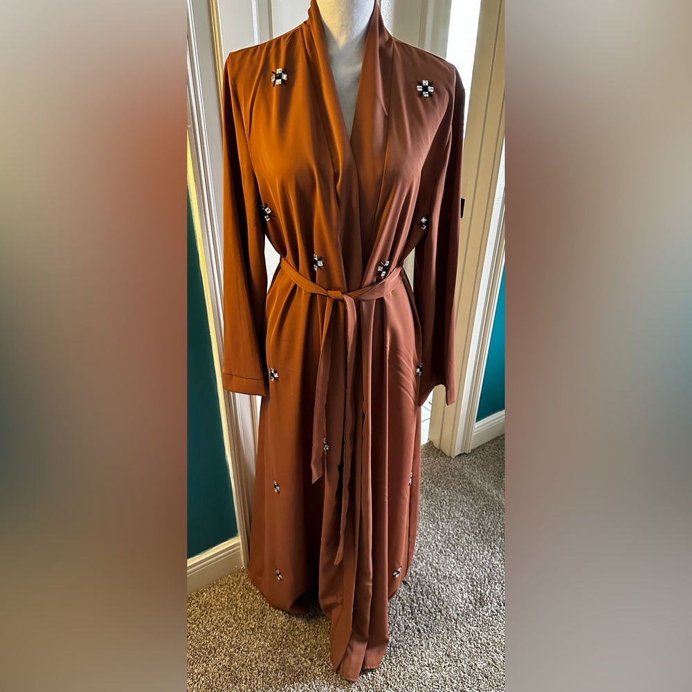 New bejeweled abaya silky cover up belted med-large